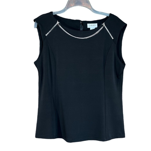Carmen Marc Valvo Black With Silver Chain & Zipper Detail Sleeveless Top Size M - Picture 5 of 13